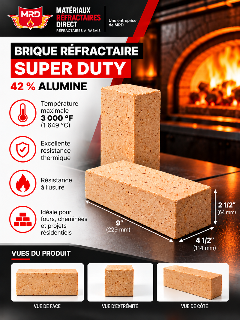 Brique réfractaire Super Duty 9'' x 4.5'' x 2.5'' (3000°F)