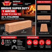 Charger l'image dans la galerie, Brique réfractaire Super Duty 9'' x 4.5'' x 2.5'' 1 Arche (3100°F) — visuel de présentation avec en-tête officiel MRD
