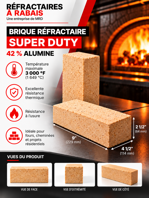 Brique réfractaire Super Duty 9'' x 4.5'' x 2.5'' (3000°F)